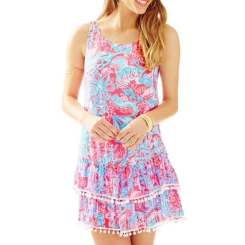 Lilly Pulitzer Medium Natasha Pink Sun Ray Siren Ruffle Tank Pom Pom Trim Dress